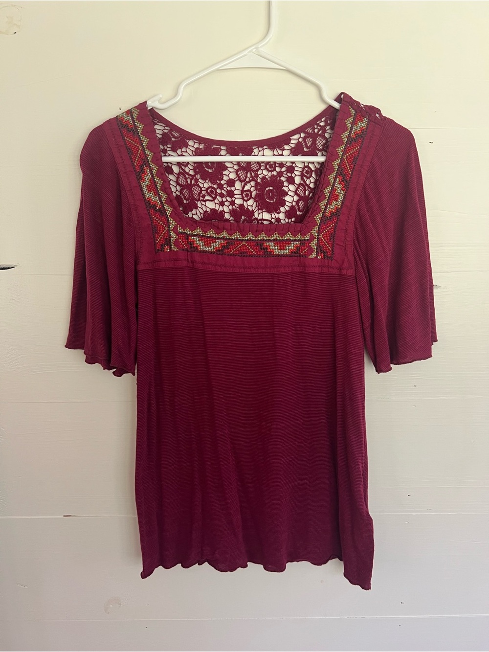 Lucky Brand Burgundy Embroidered Lace Yoke Tunic